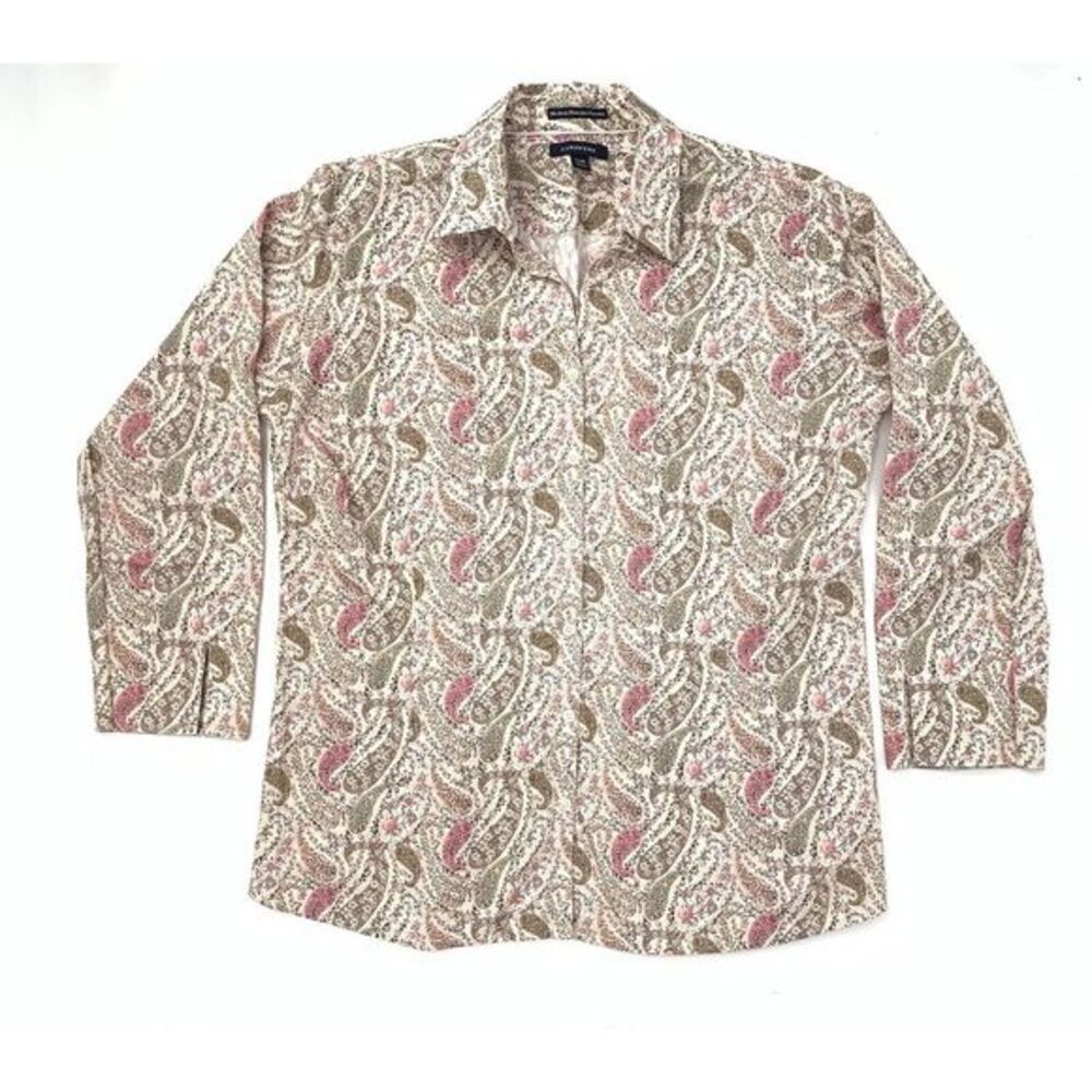 Lands End Pink & Beige Paisley Fitted PinPoint Oxford Women's Button Up Size 22W